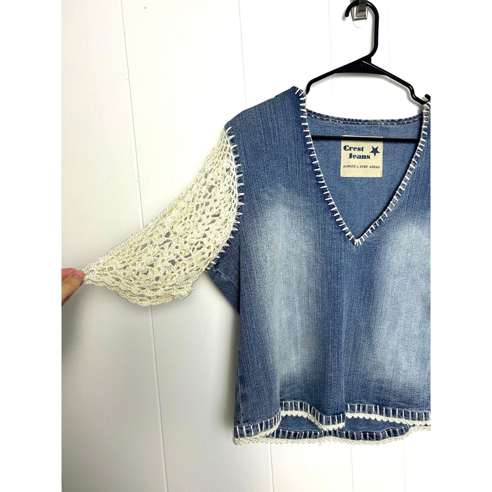 Crest Jeans Top L Blue Crochet Sleeve Denim V-Neck Boho Y2K Western Festival - Picture 3 of 11